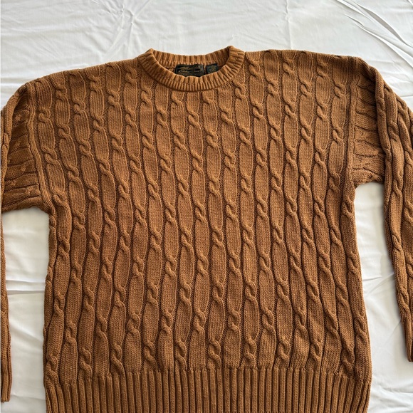 Vintage Eddie Bauer Men L Cable Knit Fisherman Cotton Crewneck Sweater Brown Tan - Picture 2 of 7